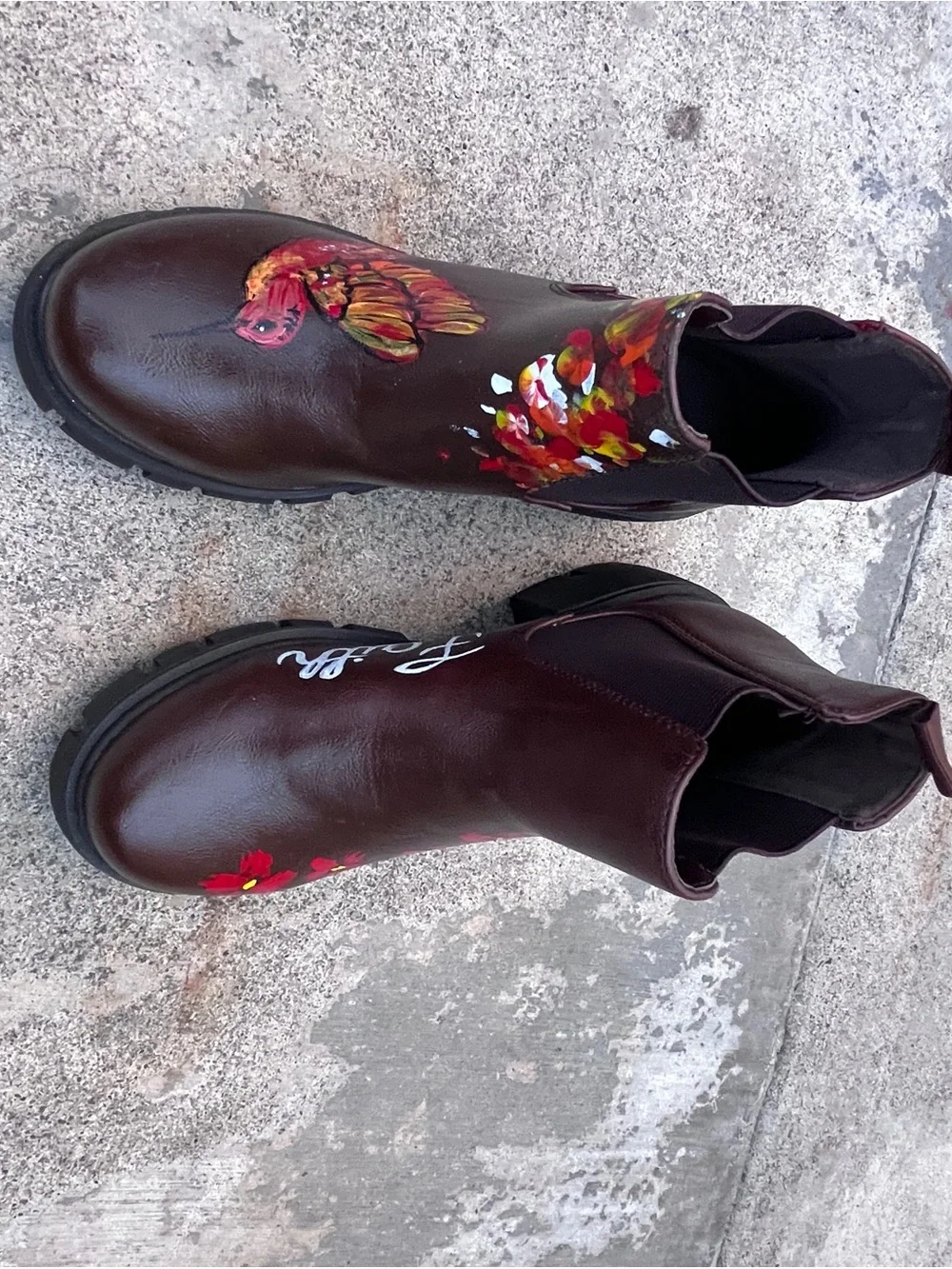 Soda Brown Ankle Boots with Hand-Painted Floral & Bird Art